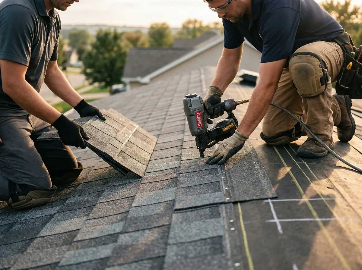 Professional roofer working on a residential roof in Anoka